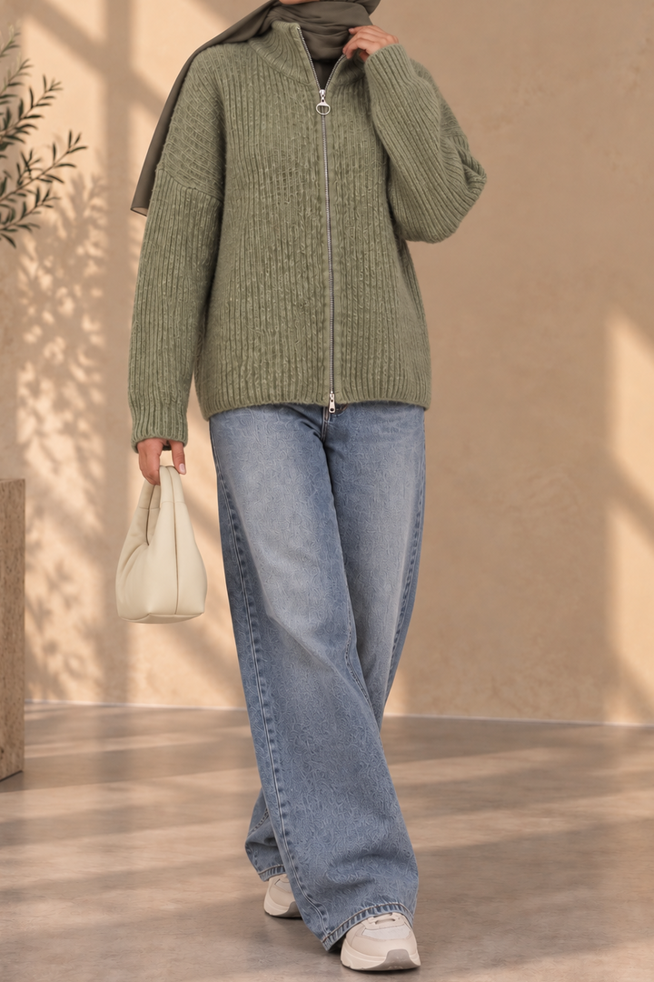 Ribbed Zip Knit Cardigan