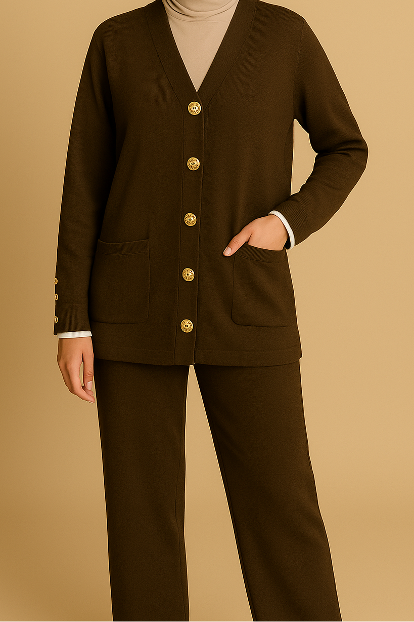 Knit Gold Button Cardigan Set