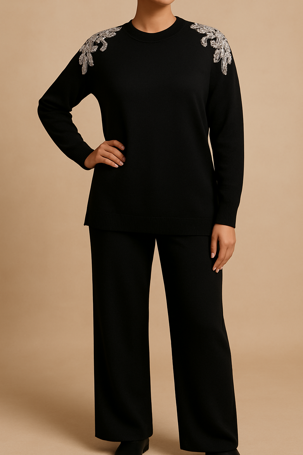 Embellished shoulder round neck jumper set