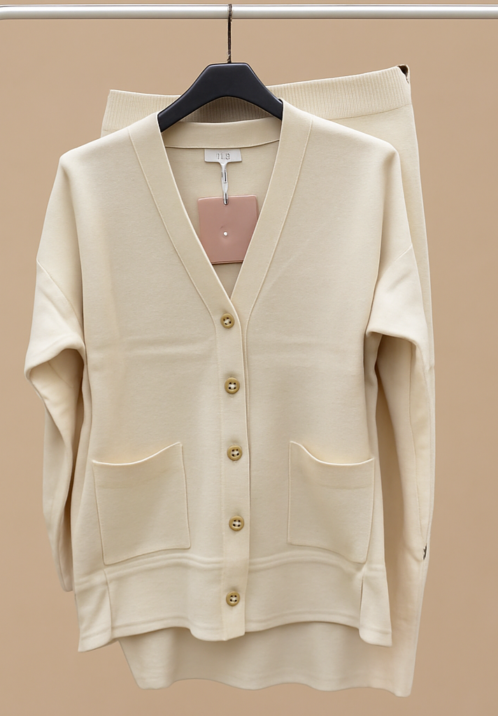 Gold button cardigan and skirt set