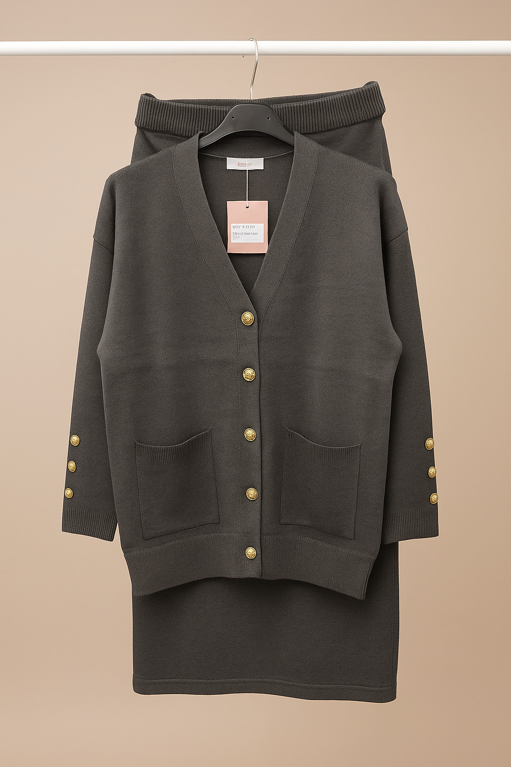 Gold button cardigan and skirt set