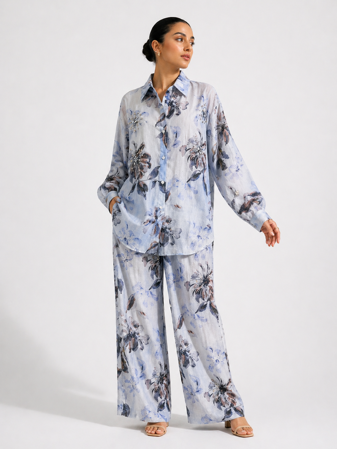 Watercolour floral printed embellished coord
