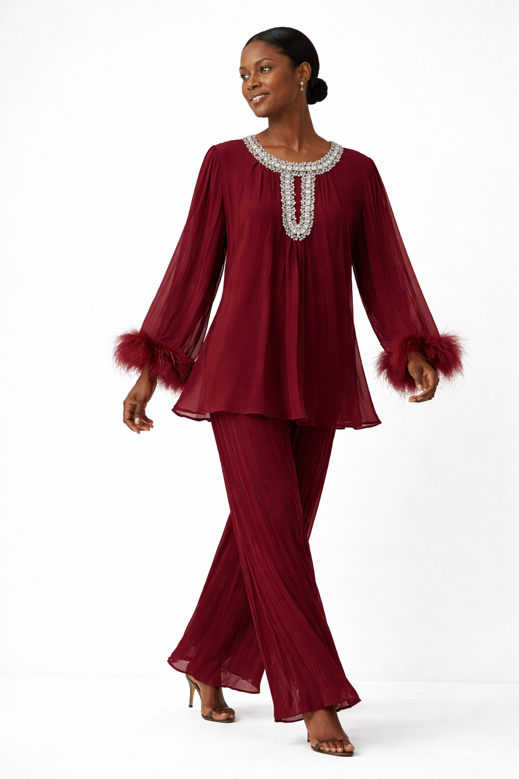 Pleated embellished neck feather cuffed sleeve co ord set