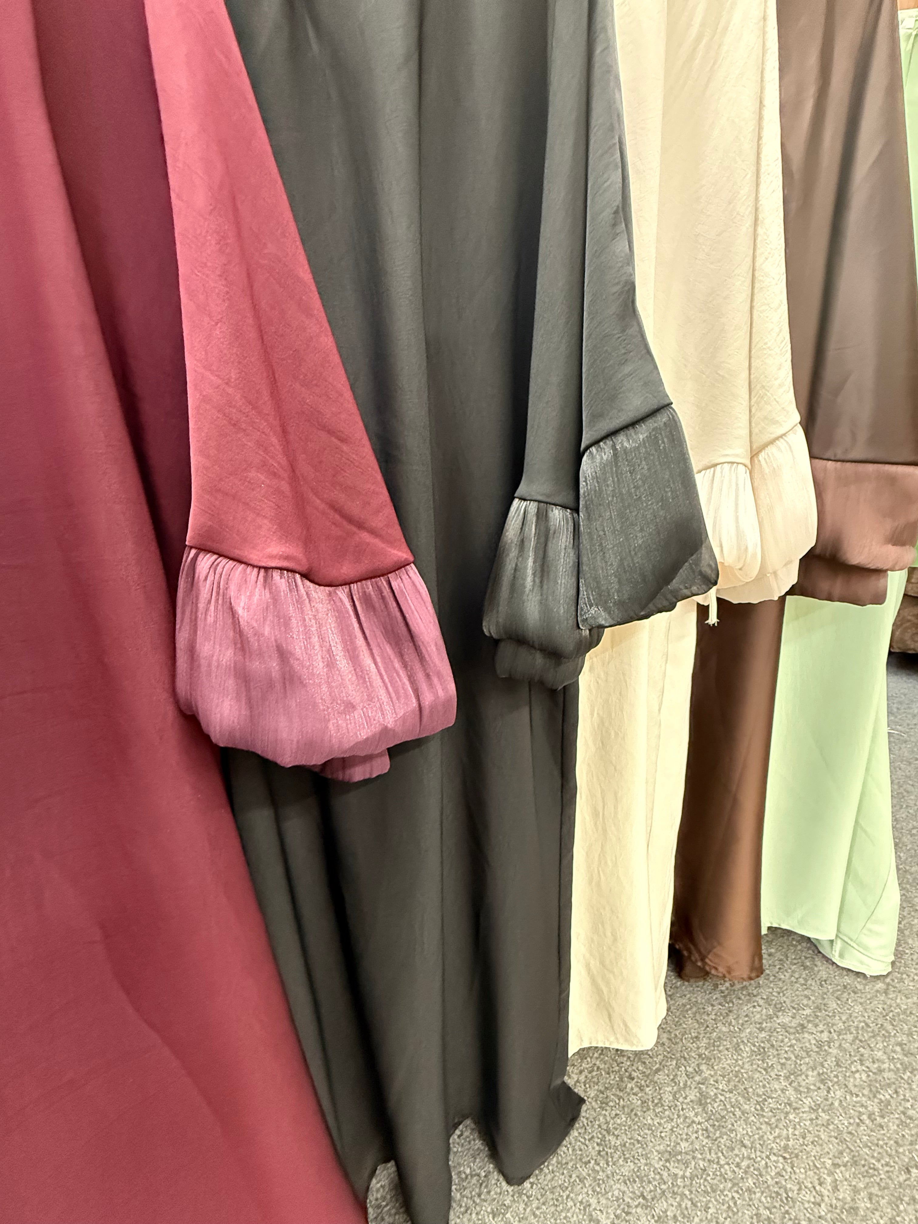 Simple gold button satin long dress with puffed sleeve