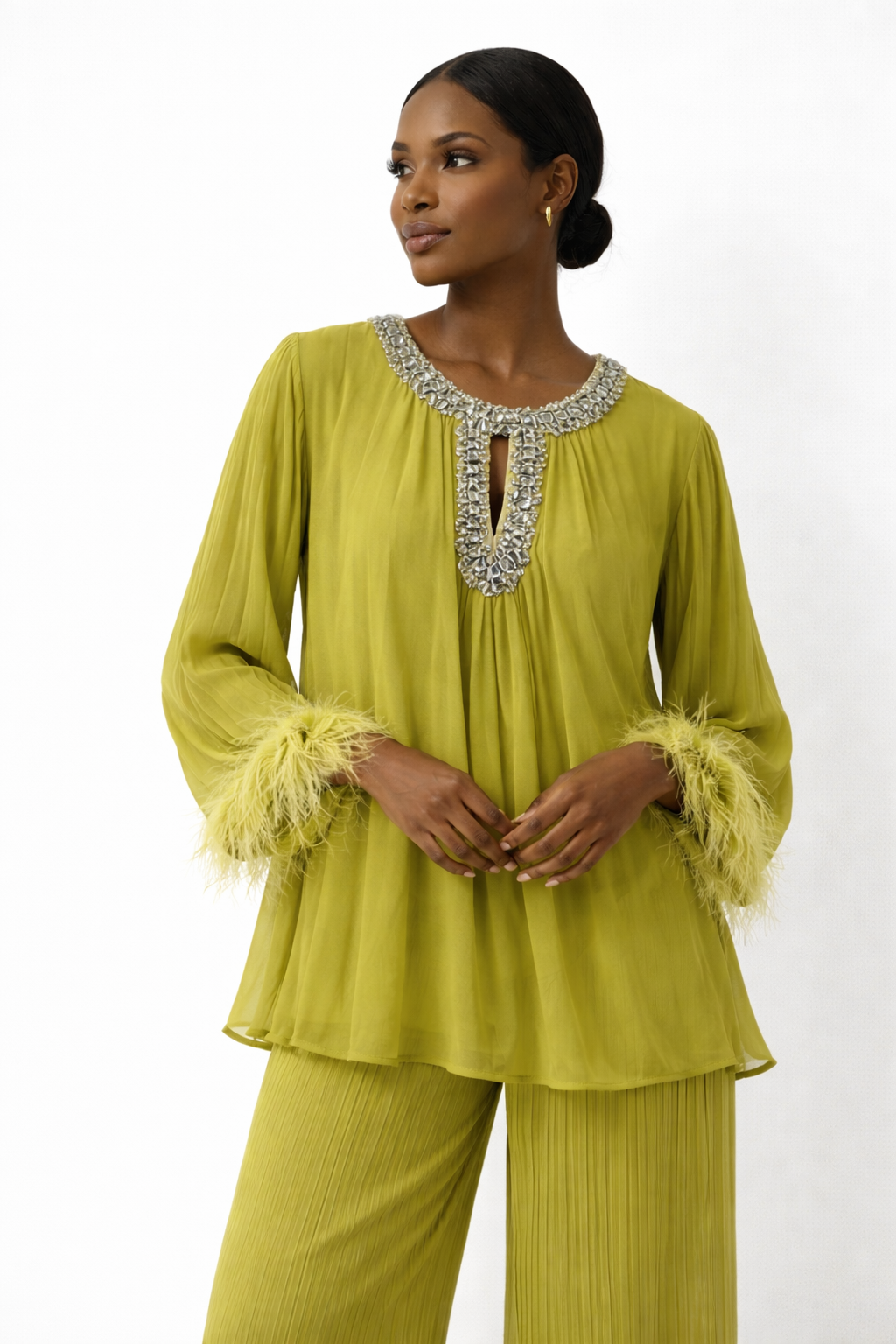 Pleated embellished neck feather cuffed sleeve co ord set