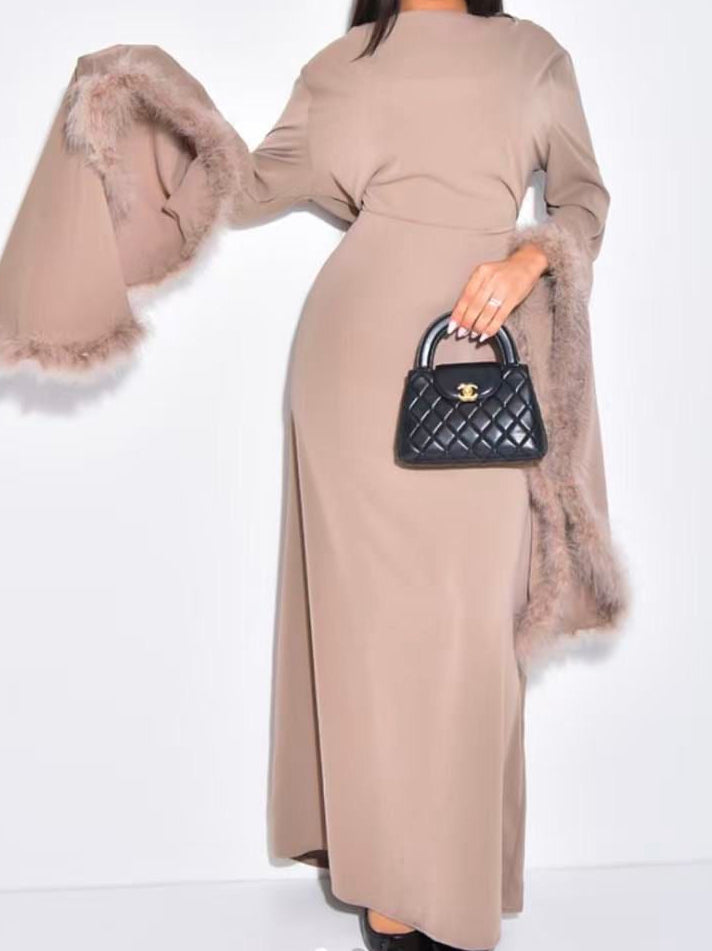 Feather sleeved maxi dress with belt
