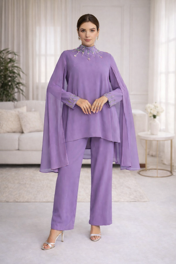 Luxury Beaded Crystal detail occasion wear sets with cape sleeves