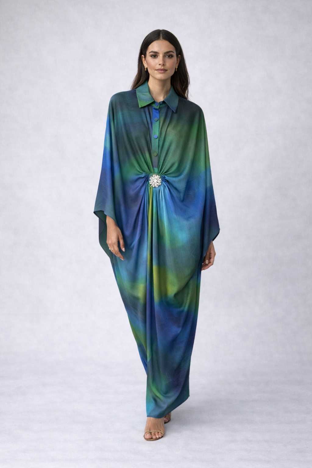 Shirt style satin kaftan dress with tapered fit