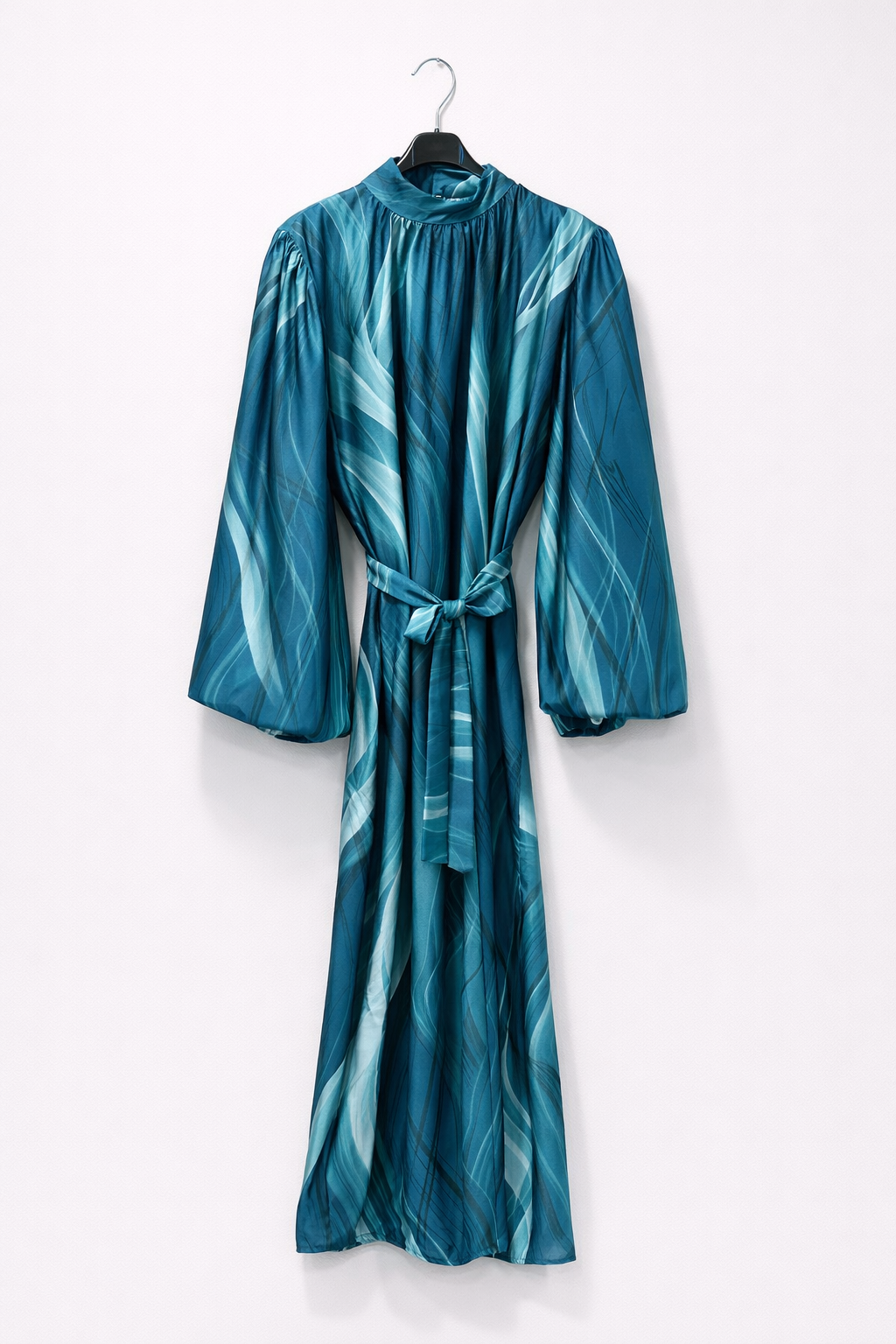 Abstract Tie-Waist Satin Midi Dress