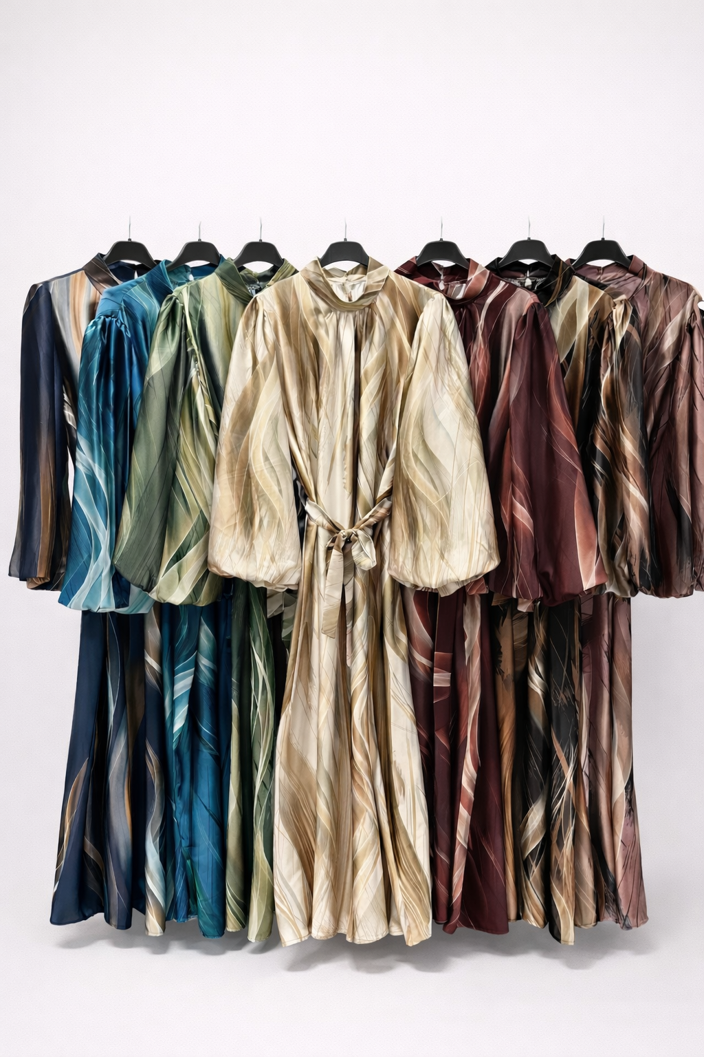 Abstract Tie-Waist Satin Midi Dress