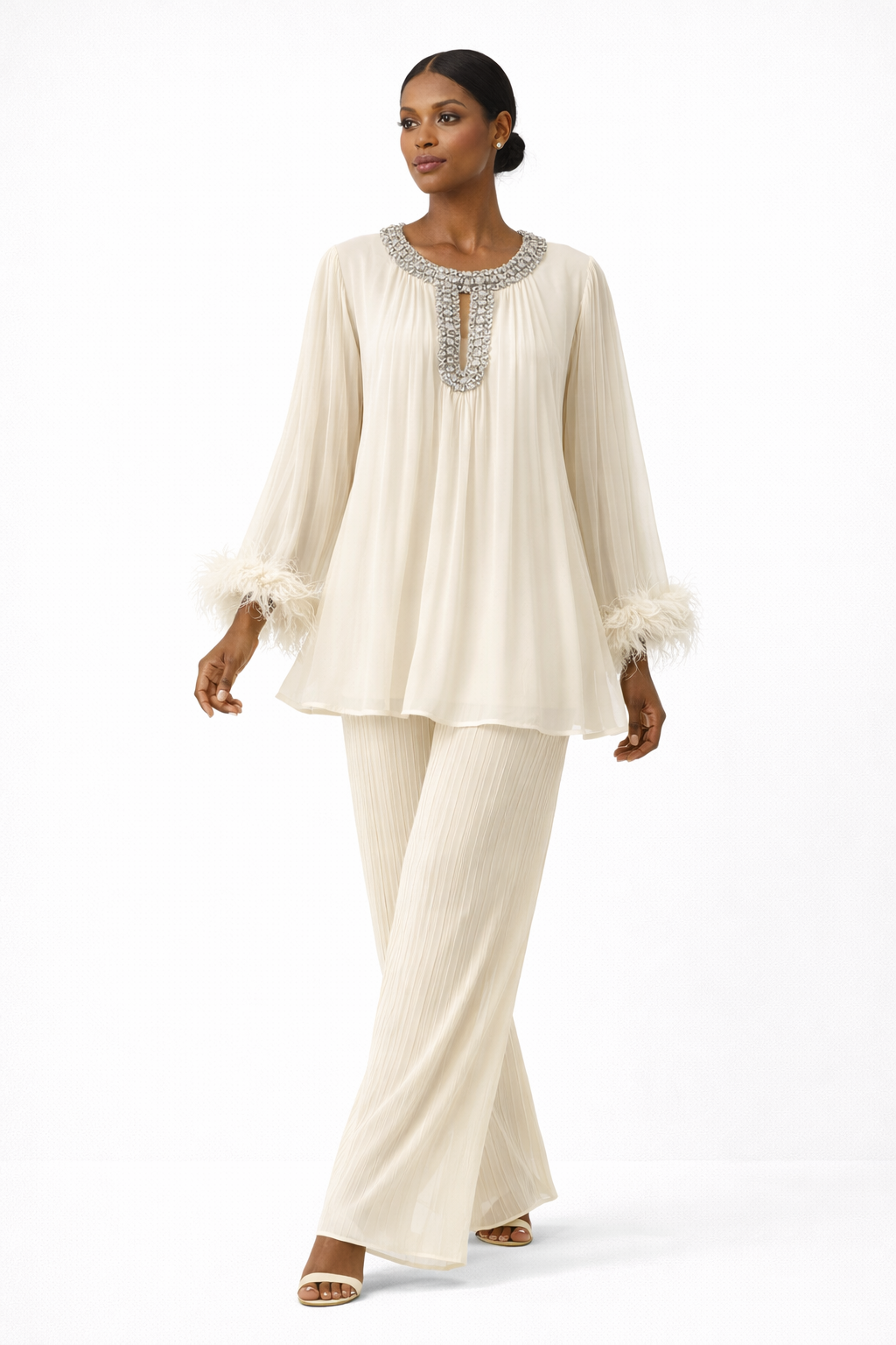 Pleated embellished neck feather cuffed sleeve co ord set