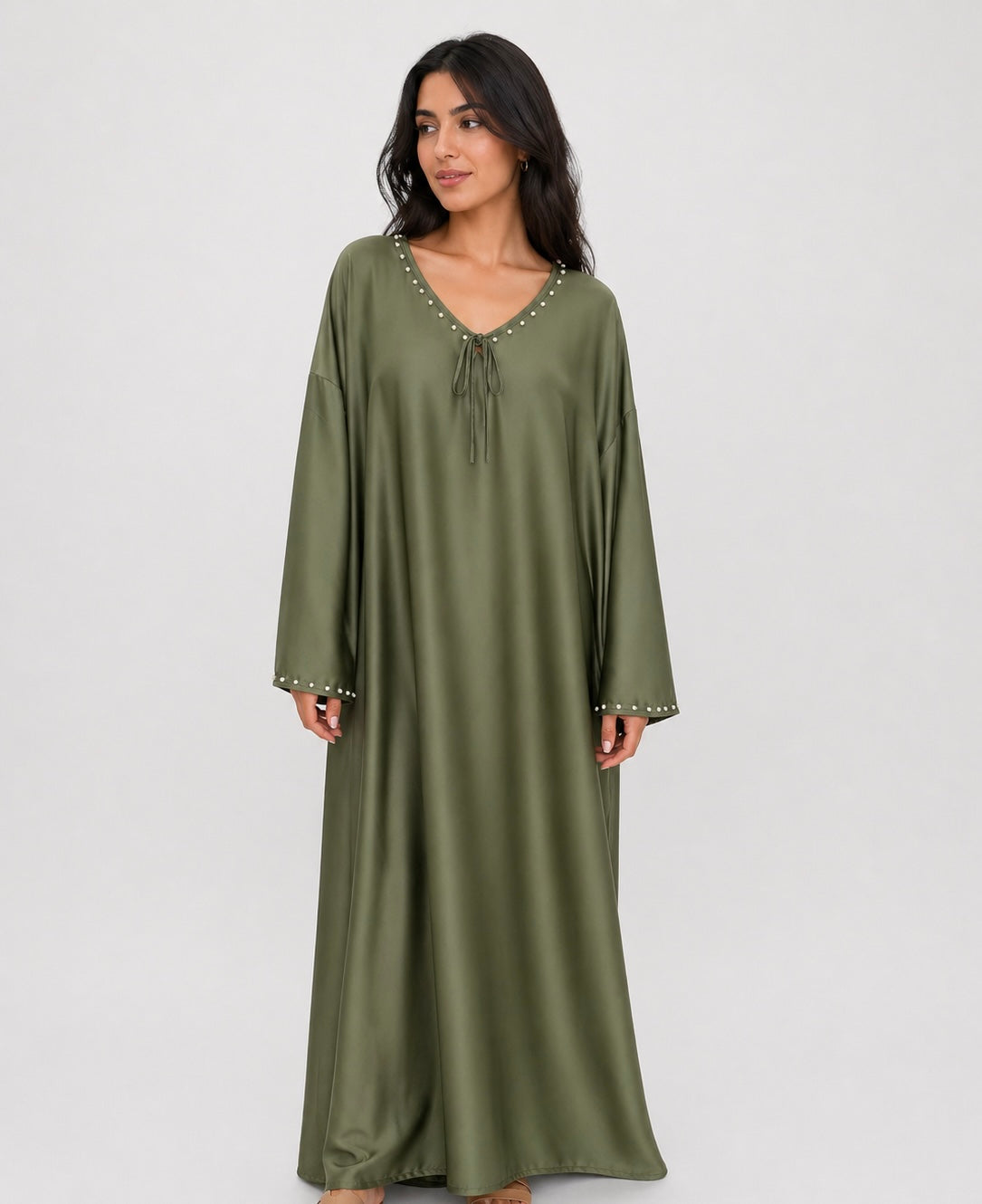 Pearl Trim Tie Neck Simple Satin Dress