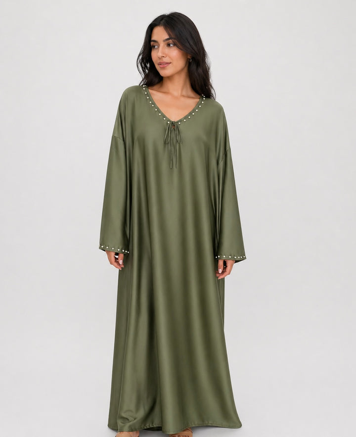 Pearl Trim Tie Neck Simple Satin Dress