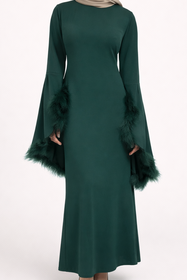 Feather sleeved maxi dress with belt