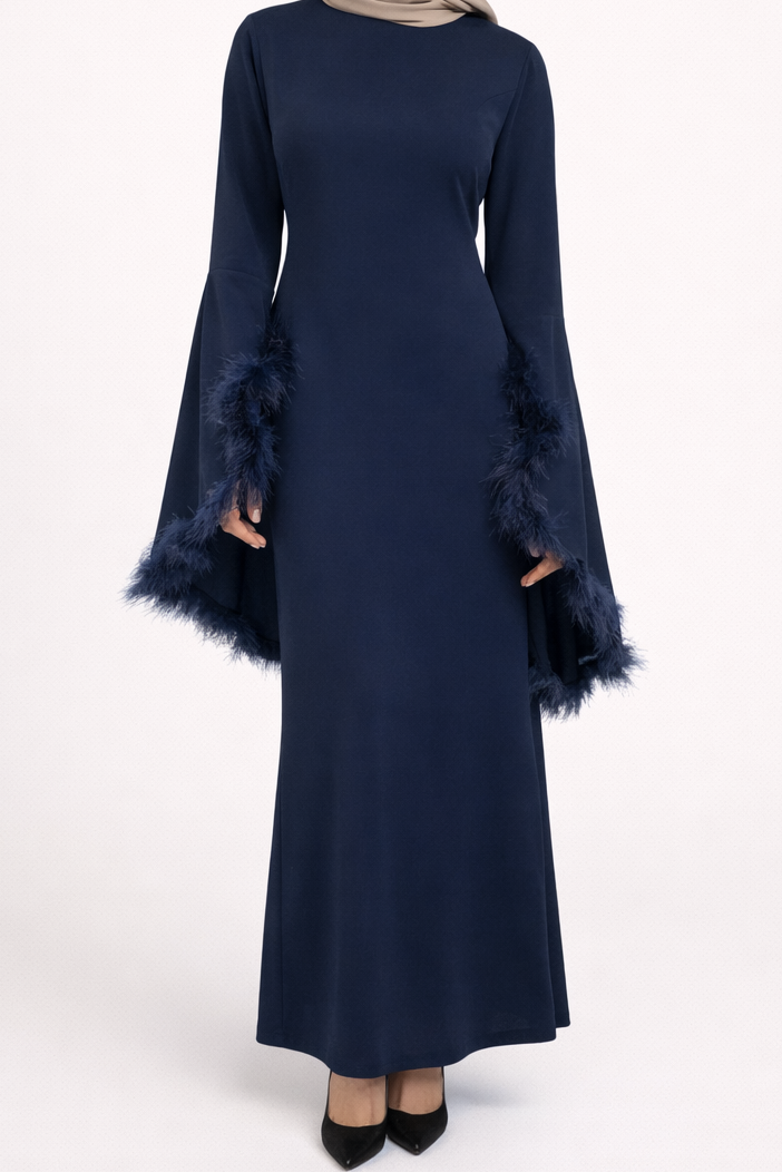 Feather sleeved maxi dress with belt
