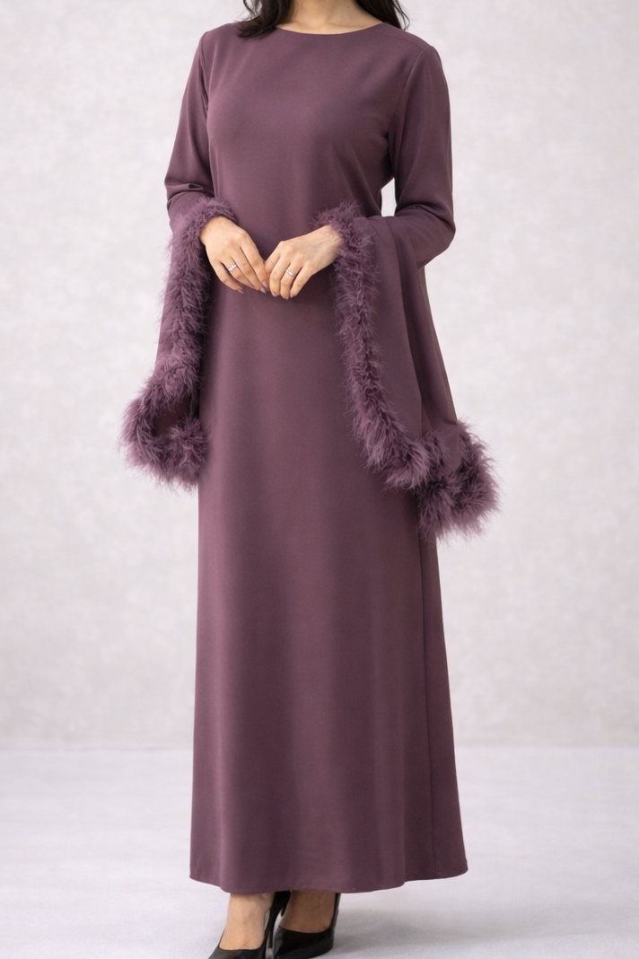 Feather sleeved maxi dress with belt