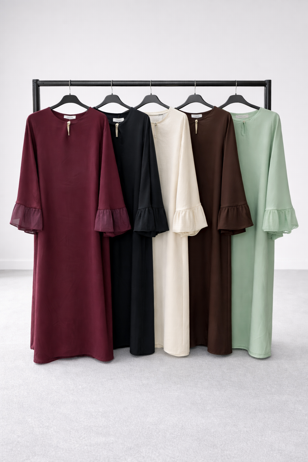 Simple gold button satin long dress with puffed sleeve