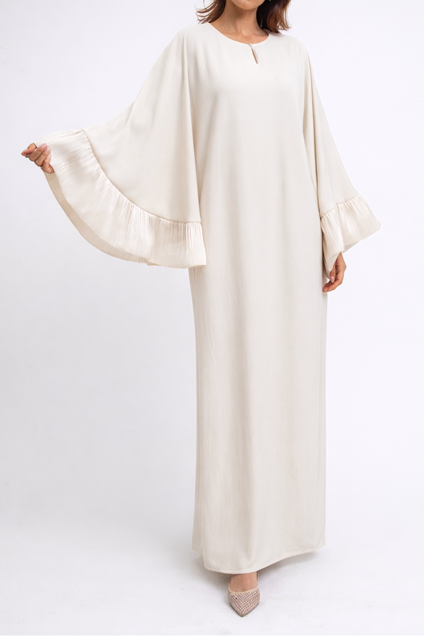 Simple gold button satin long dress with puffed sleeve