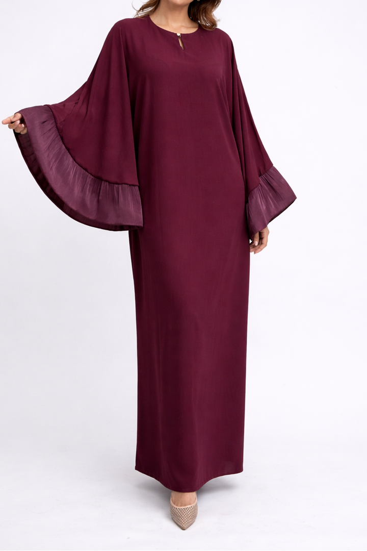 Simple gold button satin long dress with puffed sleeve