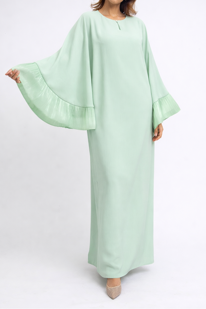 Simple gold button satin long dress with puffed sleeve