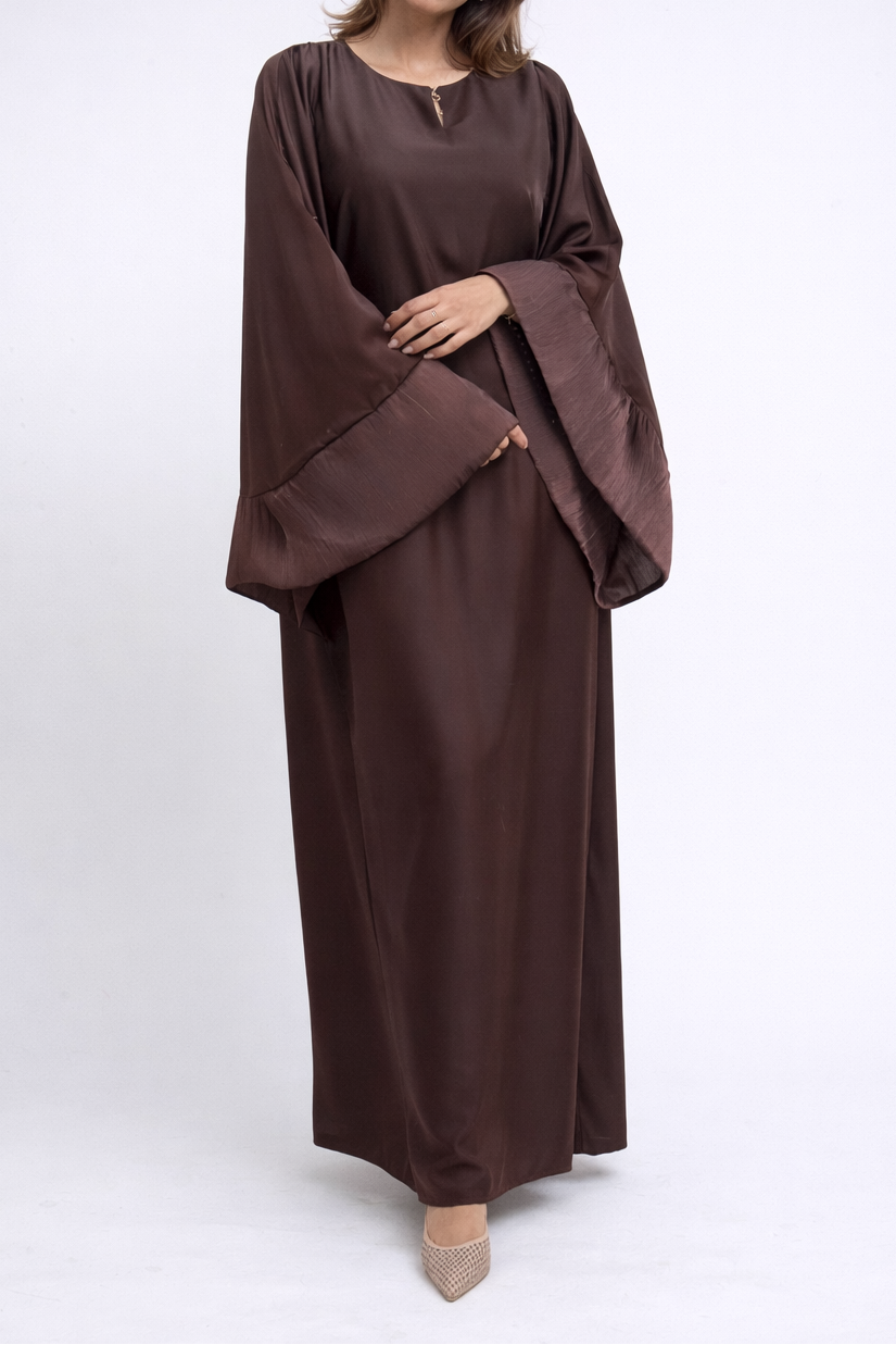 Simple gold button satin long dress with puffed sleeve