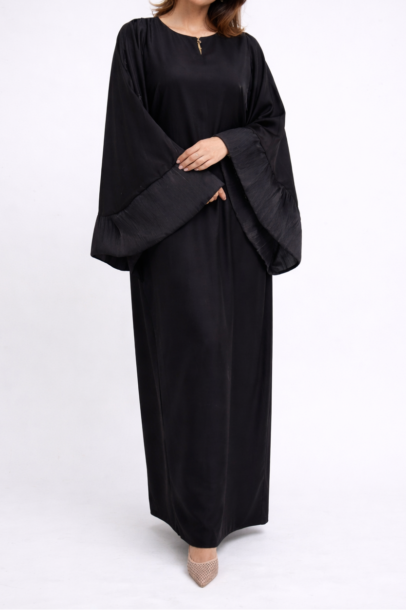 Simple gold button satin long dress with puffed sleeve