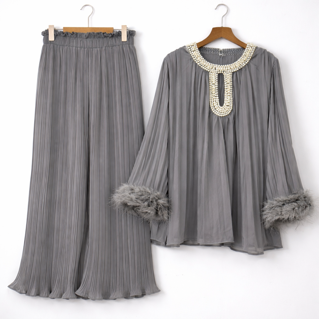 Pleated PEARL neck feather cuffed sleeve co ord set