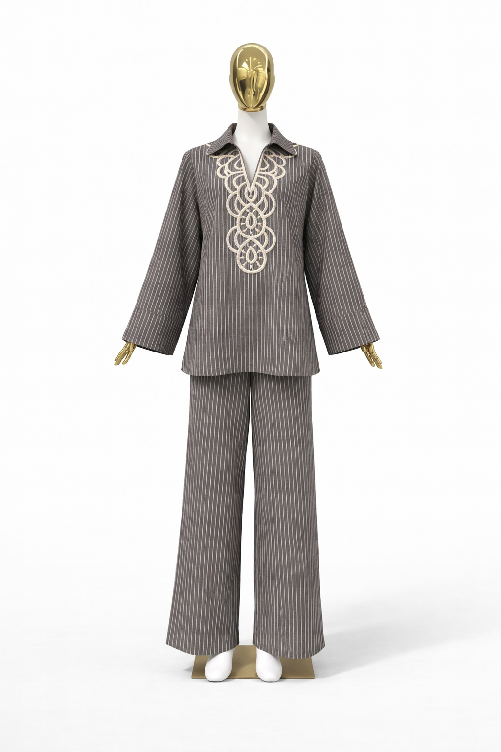 Modest Pinstripe Set with Swirl Embroidery