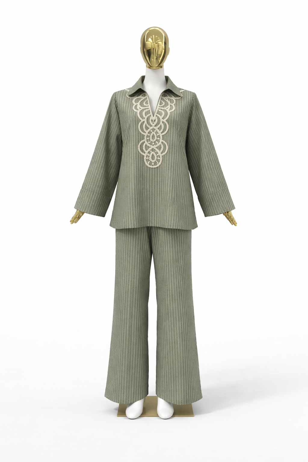 Modest Pinstripe Set with Swirl Embroidery