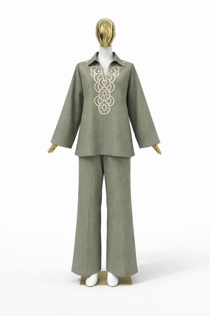 Modest Pinstripe Set with Swirl Embroidery