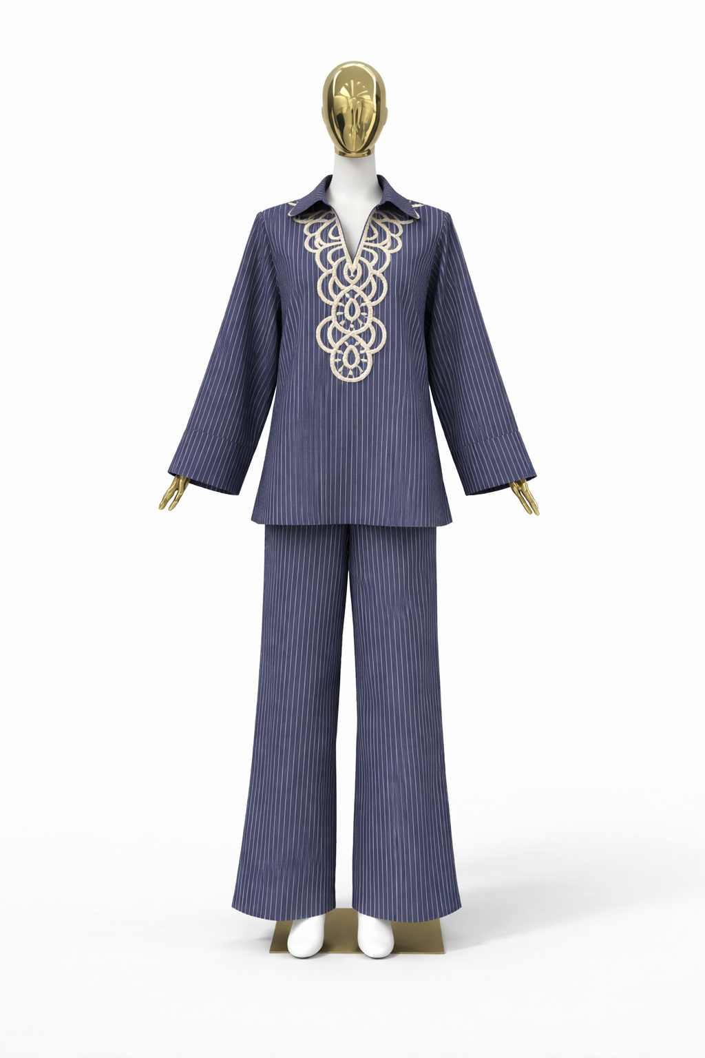 Modest Pinstripe Set with Swirl Embroidery