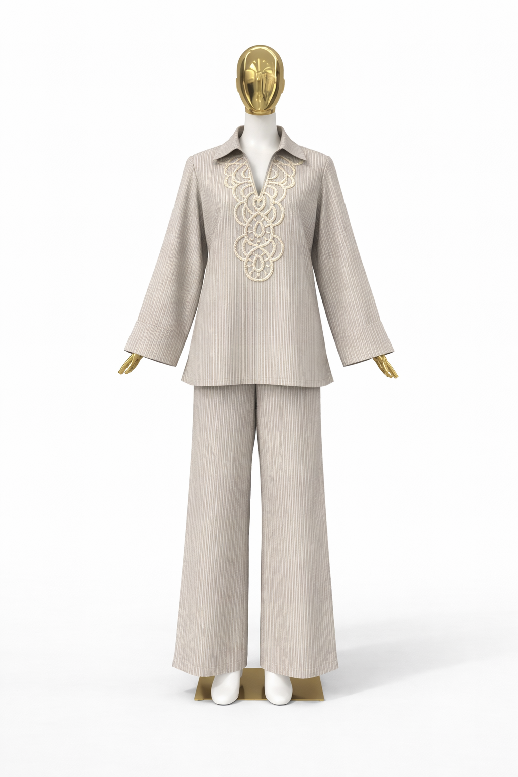 Modest Pinstripe Set with Swirl Embroidery