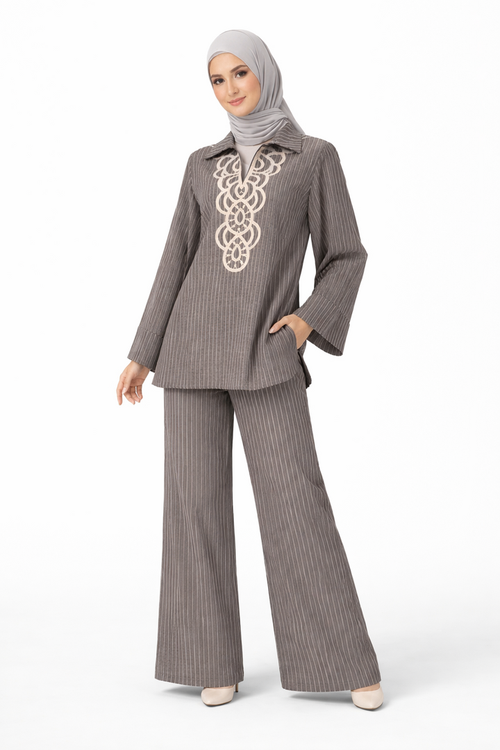 Modest Pinstripe Set with Swirl Embroidery
