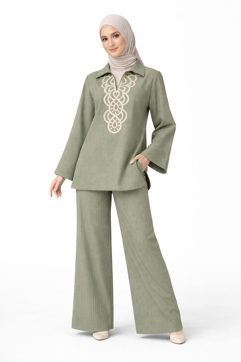 Modest Pinstripe Set with Swirl Embroidery