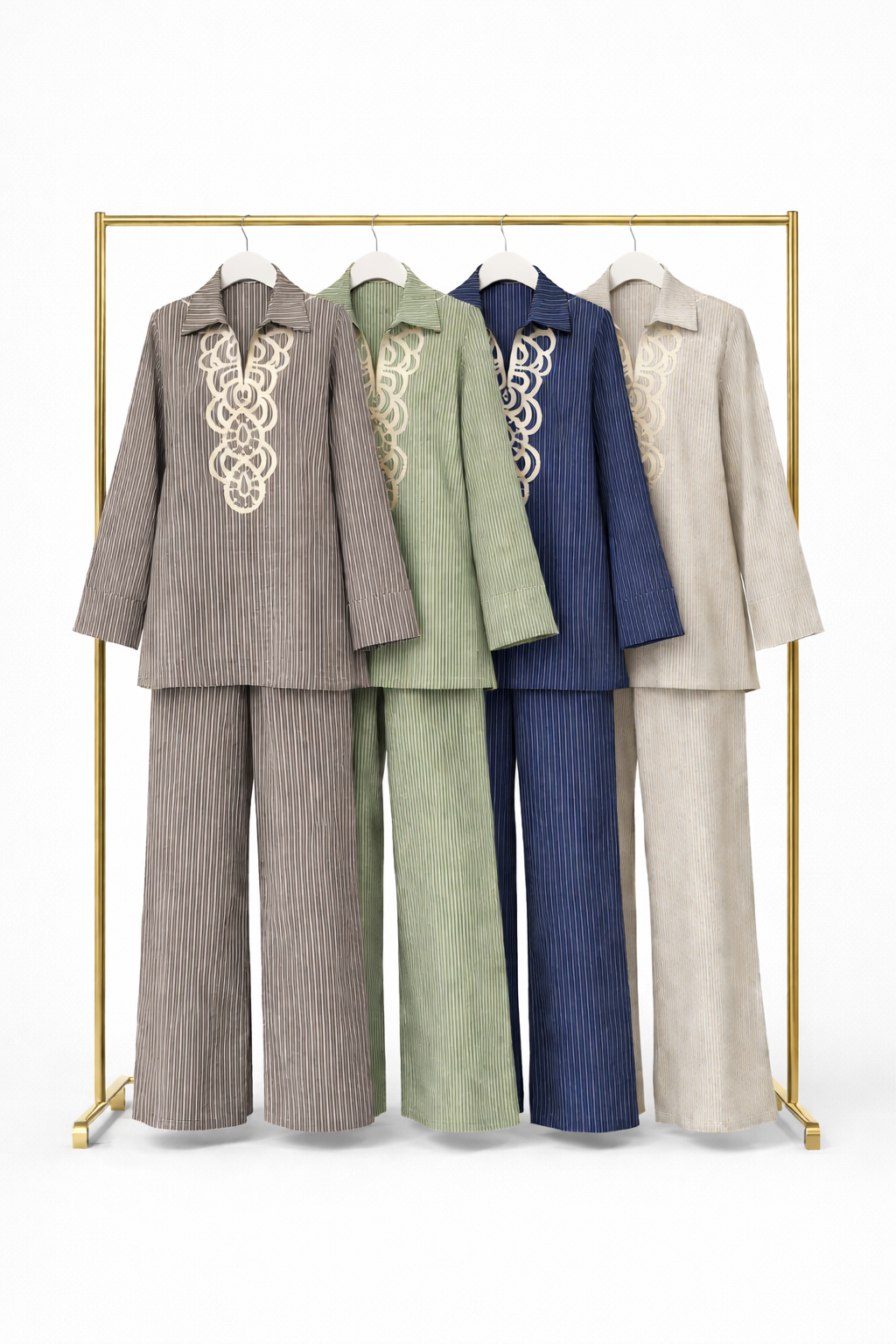 Modest Pinstripe Set with Swirl Embroidery