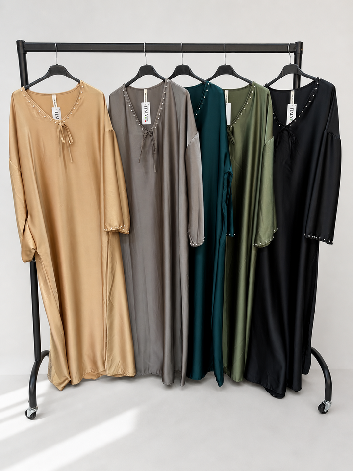 Pearl Trim Tie Neck Simple Satin Dress
