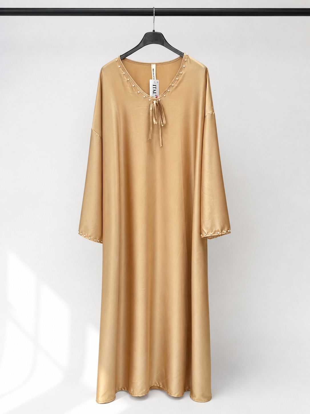 Pearl Trim Tie Neck Simple Satin Dress