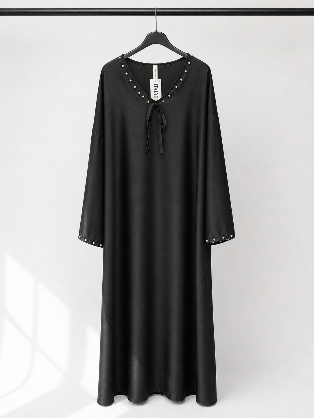 Pearl Trim Tie Neck Simple Satin Dress