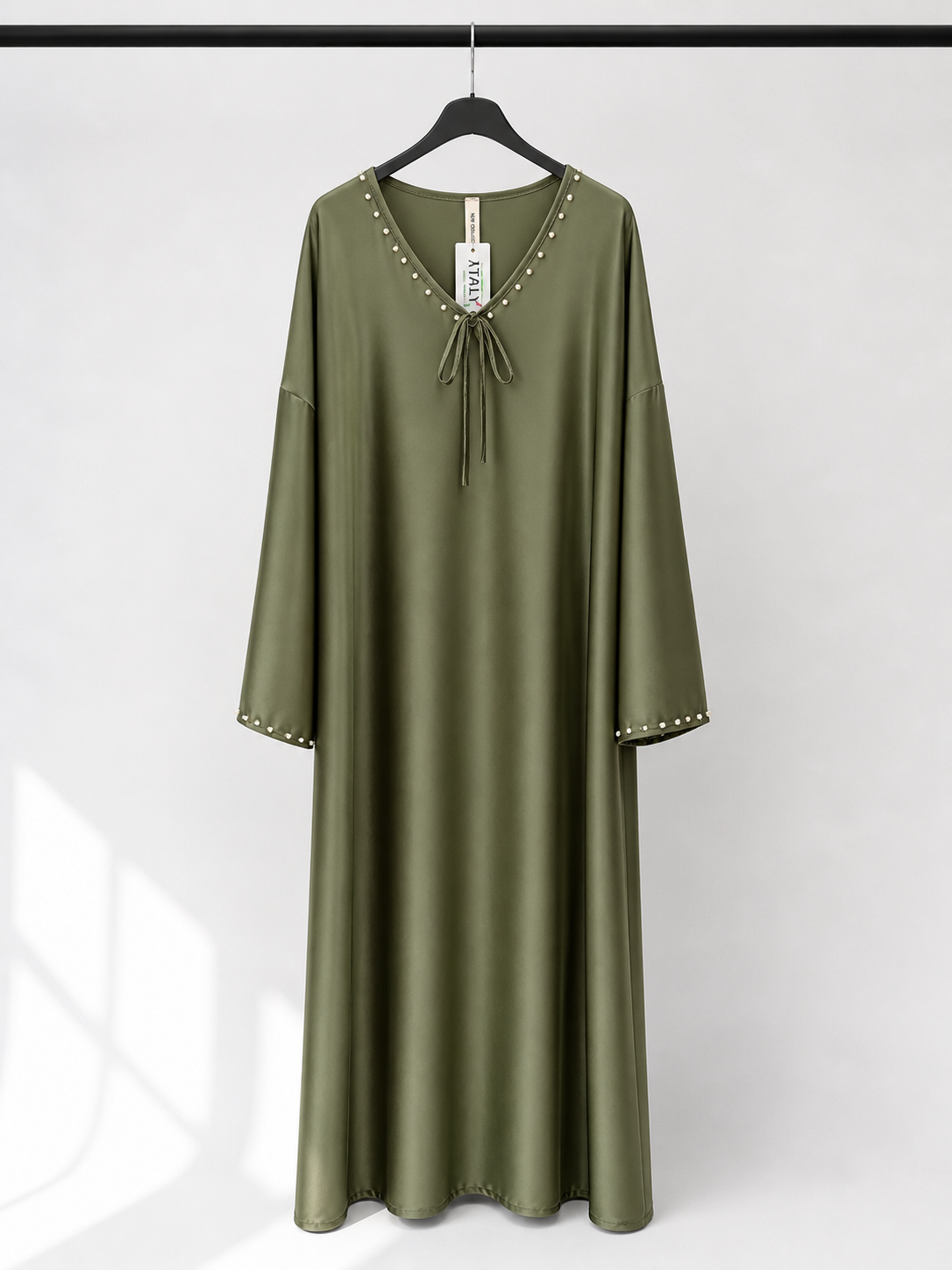 Pearl Trim Tie Neck Simple Satin Dress