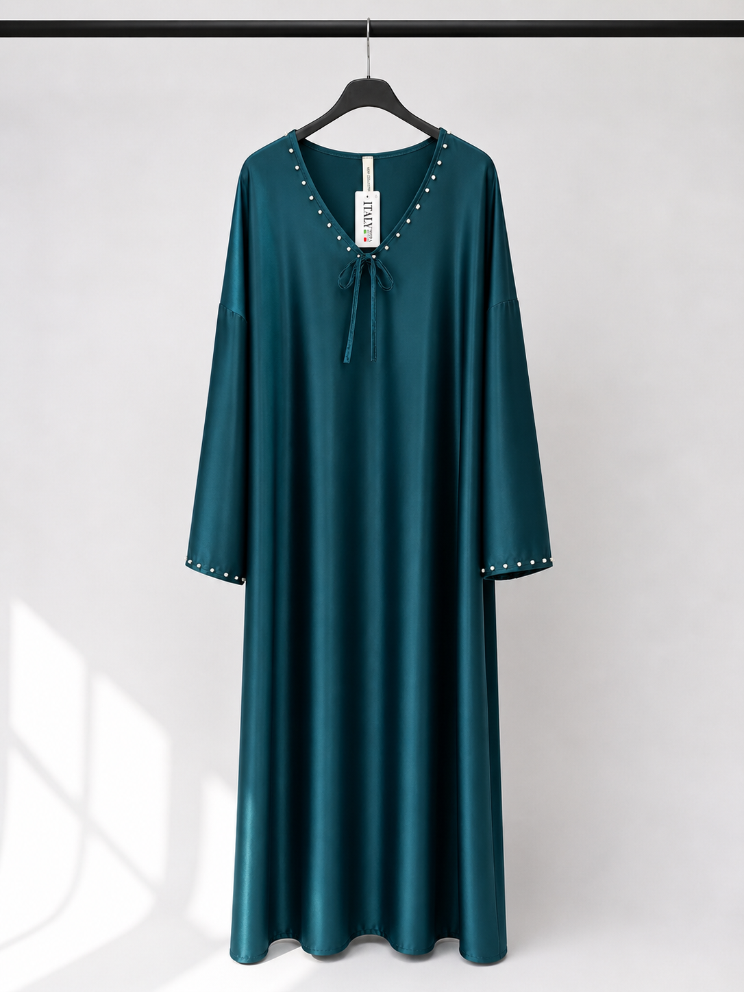 Pearl Trim Tie Neck Simple Satin Dress