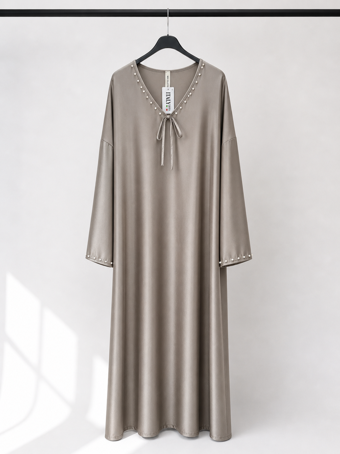 Pearl Trim Tie Neck Simple Satin Dress