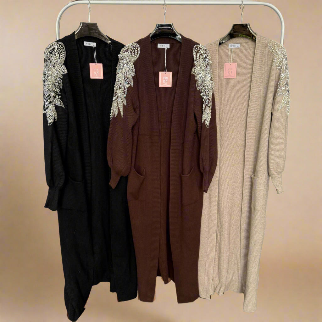 Embellished shoulder long cardigan