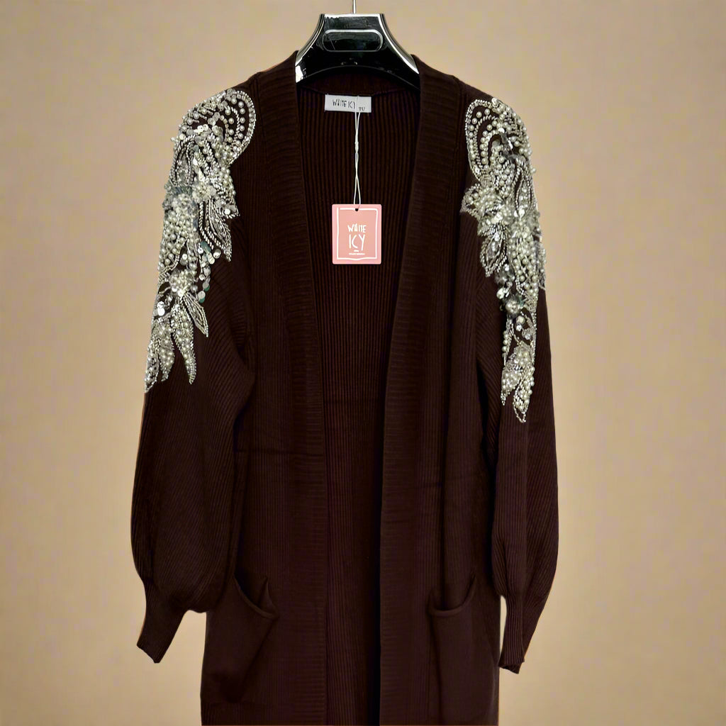 Embellished shoulder long cardigan