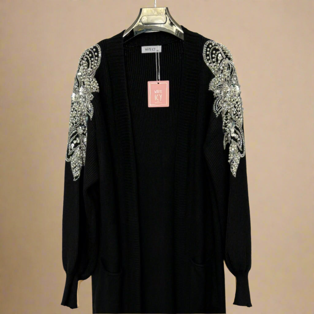 Embellished shoulder long cardigan