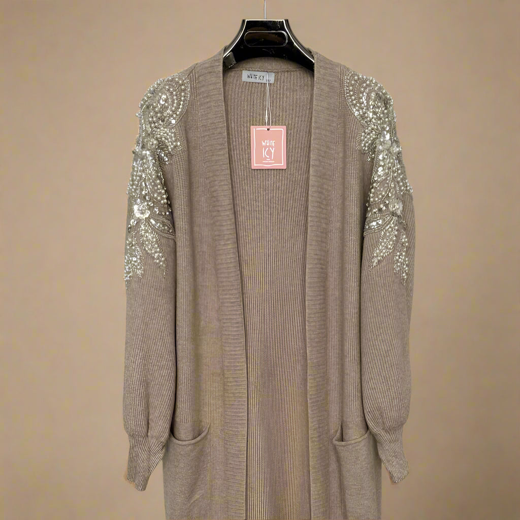 Embellished shoulder long cardigan