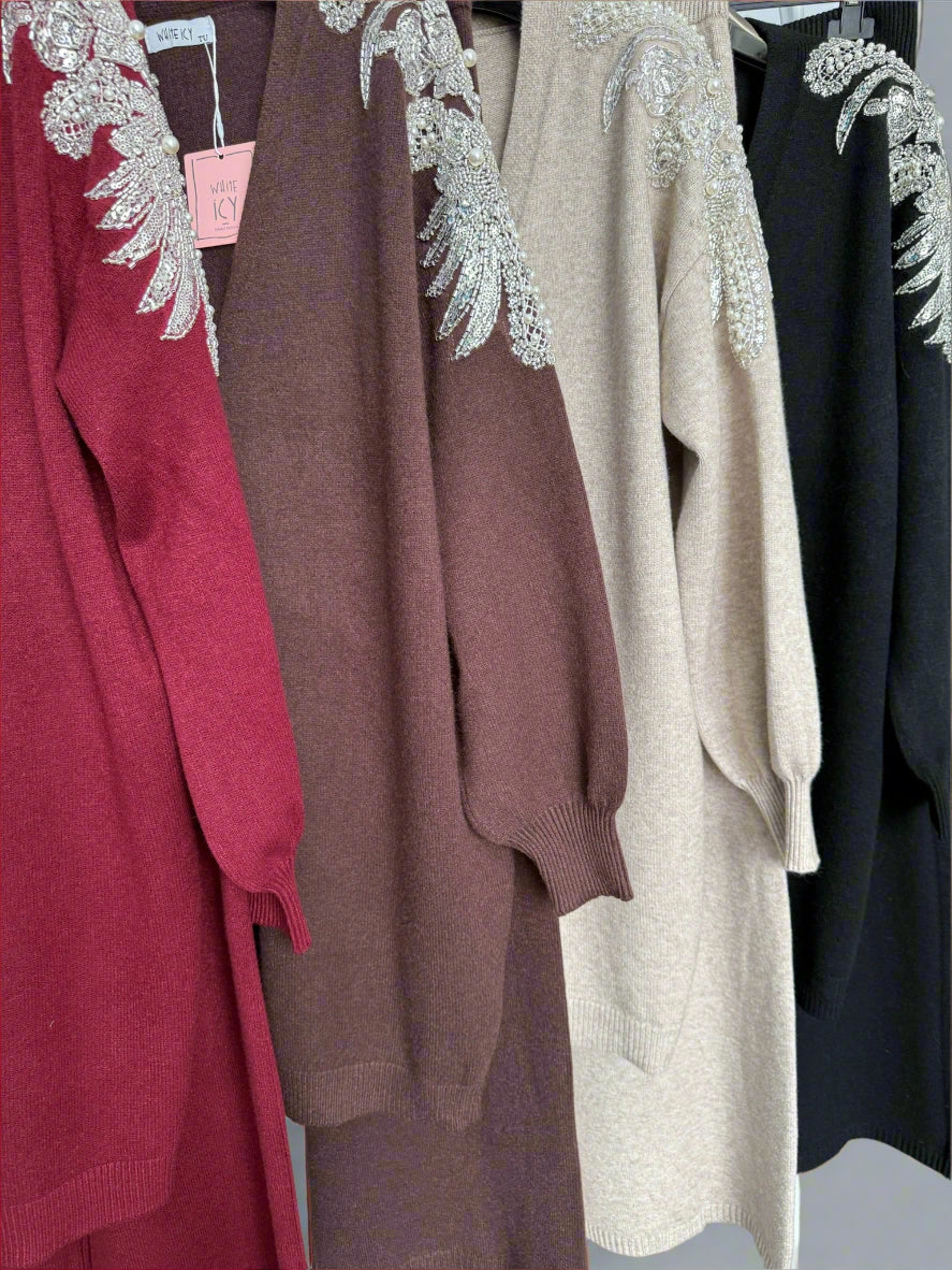 Embellished shoulder button down cardigan set