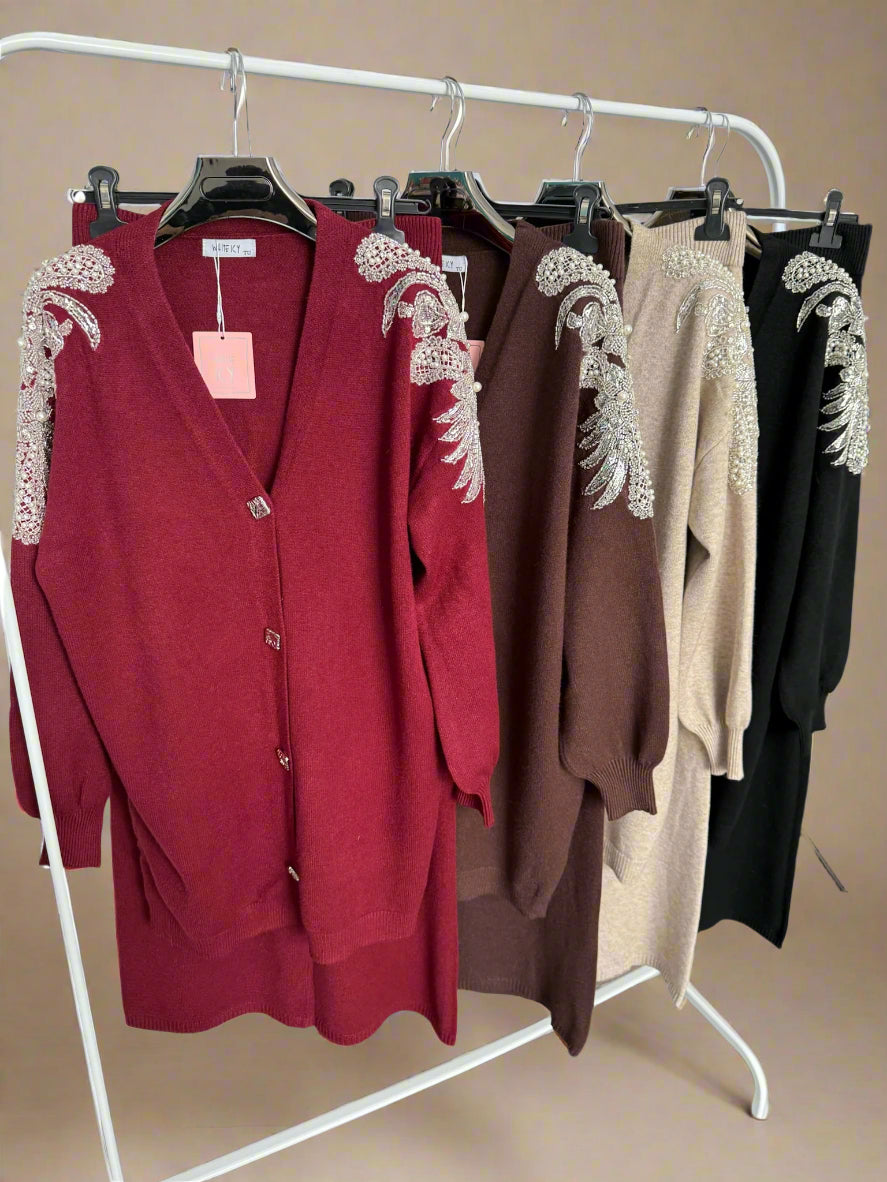 Embellished shoulder button down cardigan set