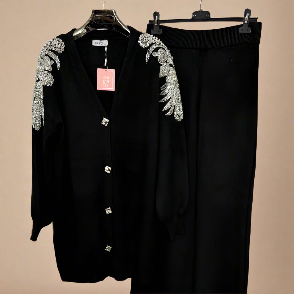 Embellished shoulder button down cardigan set