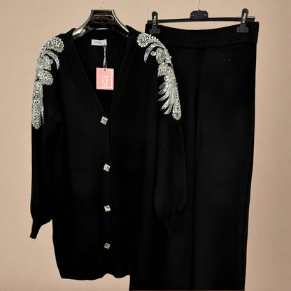 Embellished shoulder button down cardigan set