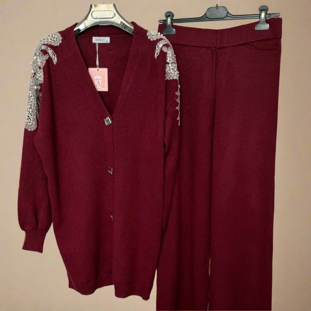 Embellished shoulder button down cardigan set